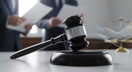 A wooden gavel rests on a sound block in a courtroom, symbolizing law, justice, and legal proceedings