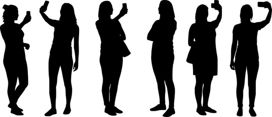 Woman taking selfie silhouettes set. silhouettes of people taking selfies. Woman taking selfie of holding and talking on mobile phone. Woman taking selfie with smartphone on white background. 
