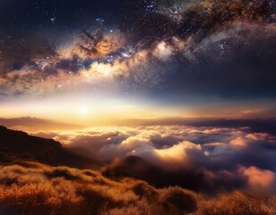 Fototapeta premium golden light and celestial stars illuminating dreamlike cloudscape in majestic panorama