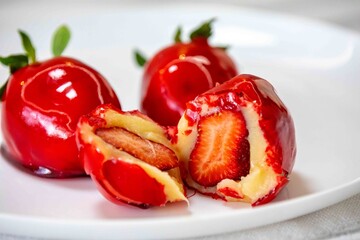The iconic and delicious Brazilian strawberry of love, prepared with fresh strawberries, white brigadeiro and crunchy caramel on the surface. Morango do amor