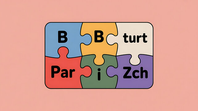 Colorful puzzle pieces with letters and words interlock, symbolizing connection and playful learning.