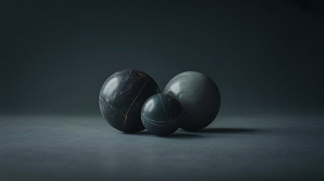 Dark, smooth stones arranged on a neutral surface, evoking a sense of stillness and natural form.