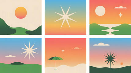 Obraz premium Vibrant landscapes with stylized suns, stars, and palm trees create a serene, colorful atmosphere.