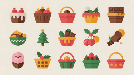Festive sweets, chocolates, baskets, and holiday decorations create a cheerful, seasonal arrangement.