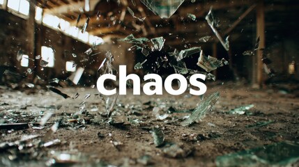 Dynamic image of glass shards flying through the air with the word “chaos” in bold text.