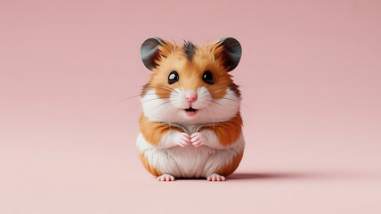 A fluffy, adorable hamster with warm brown and white fur looks directly at the viewer.