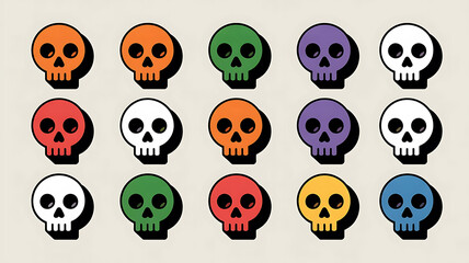 Colorful skull icons arranged in a grid pattern, representing mortality and a playful, vibrant aesthetic.