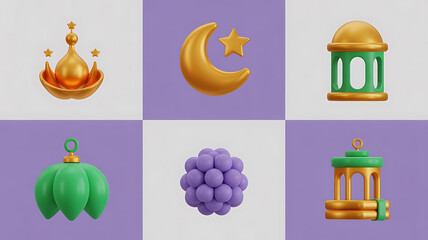 Golden domes, crescent moons, and stylized structures evoke cultural and religious heritage.