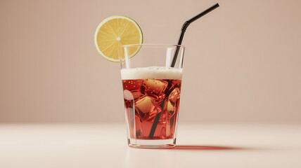 Refreshing beverage with ice cubes, lime slice, and straw, suggesting a cool, fruity drink.