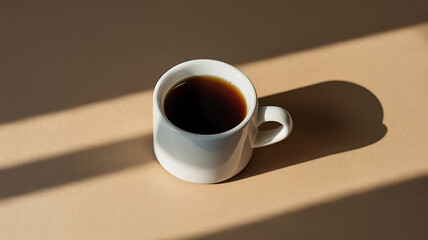 A white cup filled with dark coffee sits on a surface with strong sunlight and shadows.