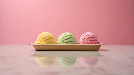 Colorful scoops of ice cream sit on a tray, evoking feelings of sweetness and summer delight.