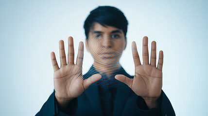 Person with outstretched hands, expressing a gesture of stop or refusal, against a blurred background.