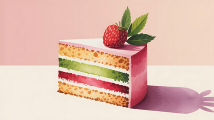 A slice of layered cake with vibrant pink, green, and red hues, topped with a fresh strawberry.