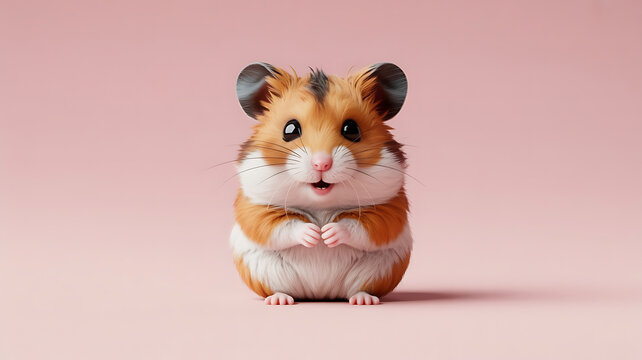 A fluffy, adorable hamster with warm brown and white fur looks directly at the viewer.
