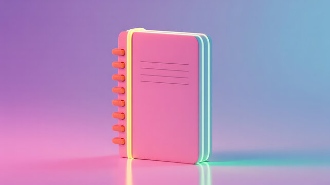 Pink notebook with neon outline, vibrant, modern, and minimalist design against a gradient background.