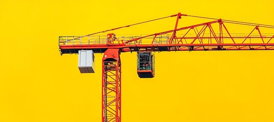 Red construction crane with yellow background industrial equipment machinery building site structure 100