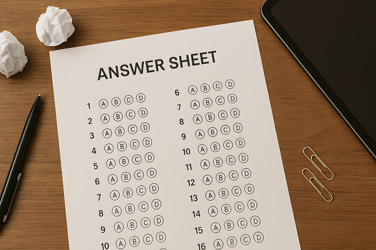 Answer sheet exam test multiple choice bubble sheet education assessment scoring pen study paper questionnaire school student knowledge learning standardized test evaluation paper desk wooden workspac