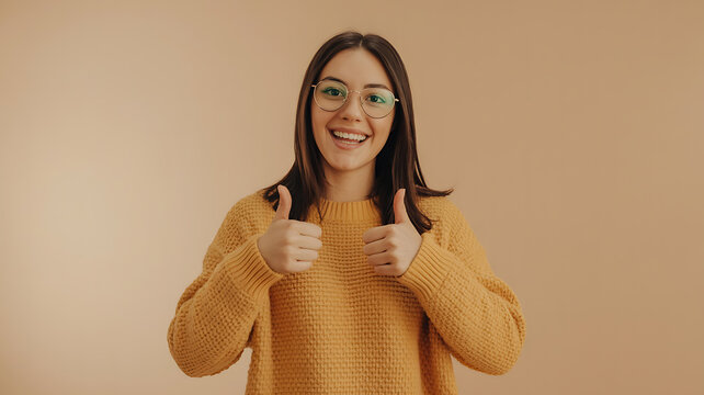 Woman in a mustard sweater gives a thumbs-up, expressing approval.
