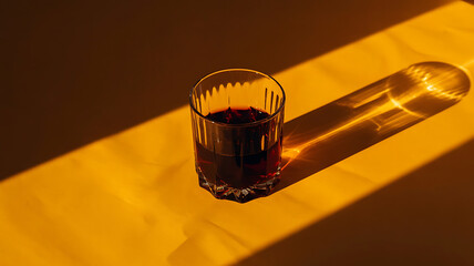 Glass of dark drink, sunlit on yellow surface.
