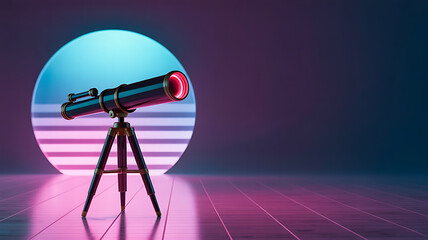 Retro telescope, neon lights, futuristic scene.
