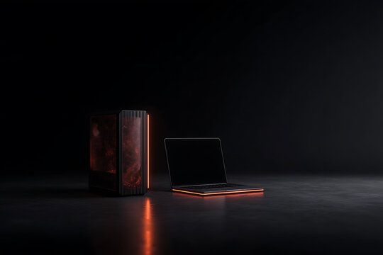 tech evolution, comparison of old and new tech dusty tower pc juxtaposed with sleek laptop symbolizes tech evolution