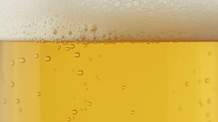 Close-up of a glass of beer, frothy top and bubbles.
