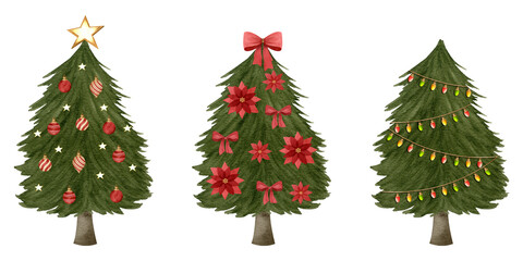 Watercolor Christmas pine tree illustration set on white background with red and gold ornaments, ribbon bows, balls, light, bright stars, red poinsettia flower, perfect for decoration, cards, festive