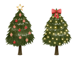 Watercolor Christmas pine tree illustration set on white background with ornaments, ribbon bow, balls, lights, bright stars, perfect for decoration, greeting, card, invitation, gift, festive, winter