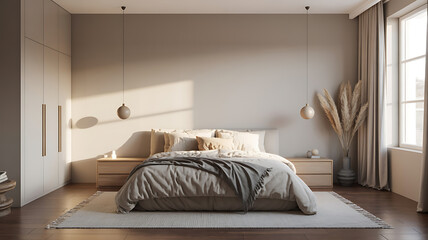 Beige bedroom with natural light and warm tones.
