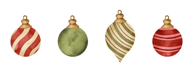 Watercolor Christmas balls illustration set on white background with details in striped shapes, gold ornament, green, cream and red color, perfect for decoration, cards, greetings, festive, gift