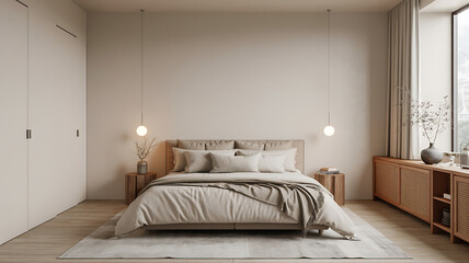 Simple, neutral bedroom with beige tones and wooden accents.
