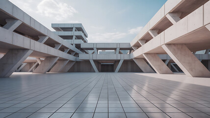 Obraz premium Modern concrete architecture, spacious courtyard, minimalist design. 