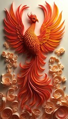 Obraz premium Fiery phoenix crafted from paper quilling art. Intricate detail, vibrant orange, red hues. Mythical creature with flowing feathers, ornate floral paper elements. Rebirth, power, transformation in