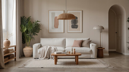 Neutral-toned living room with a light beige couch, wooden furniture, and abstract art.
