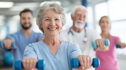 A group of seniors lift dumbbells during a fitness class in a studio, active aging.
