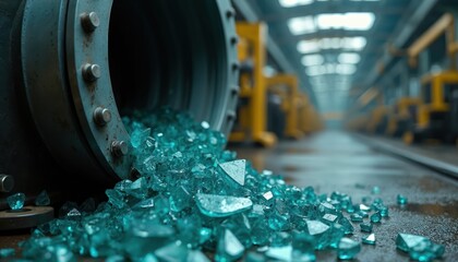 Pile of shattered blue glass fragments spilling from industrial pipe in factory. Shimmering shards detail manufacturing process, reflecting light. Heavy machinery, automated production environment,