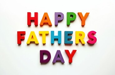 Colorful wooden letters spell out Happy Fathers Day message against a clean white background. This cheerful greeting is perfect for cards, invitations, or social media posts celebrating dads.