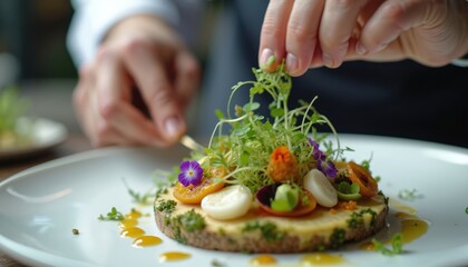 Gourmet chef meticulously garnishes intricate dish with delicate herbs and edible flowers. Fine dining presentation showcases culinary art, meticulous plating, and creativity in an elegant eatery.