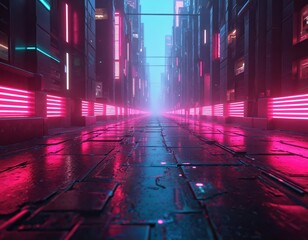 Cyberpunk city street perspective with neon lights, vertical lines on buildings. Futuristic cityscape, blue and pink glow on wet pavement reflecting lights. Infinite tunnel effect.