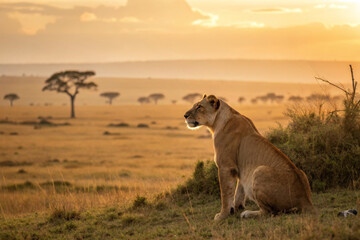 Lioness sitting calmly on grassy savanna during golden hour sunset with warm dramatic African landscape wildlife scene
