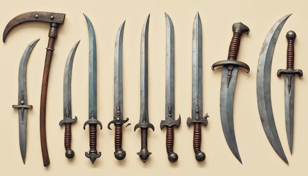 Collection of antique medieval weaponry including swords, daggers, scythe. Features sharp steel blades, ornate handles, vintage craftsmanship. Historical illustration displays metal combat tools from