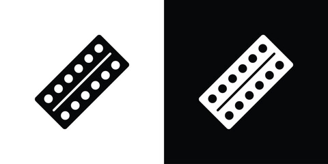 Pill blister pack icon collection. Black and white filled vector illustration.
