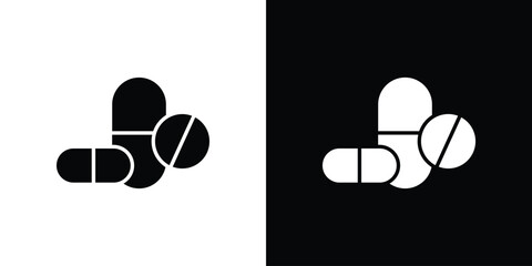 Medicine pills icon collection. Black and white filled vector illustration.