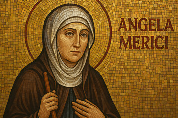 Naklejka premium Mosaic portrait of Saint Angela Merici religious figure sacred art Catholic saint spiritual icon historical church background classical detailed tile pattern worship divine prayer holy Christian femal