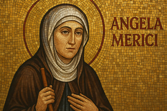 Mosaic portrait of Saint Angela Merici religious figure sacred art Catholic saint spiritual icon historical church background classical detailed tile pattern worship divine prayer holy Christian femal