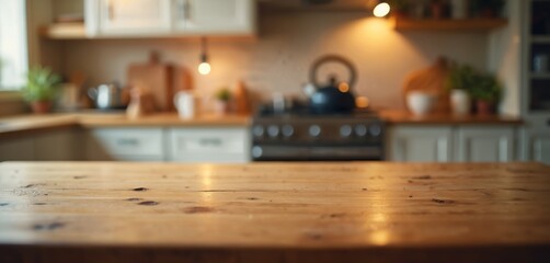 Warm rustic wooden tabletop with visible grain, knot details, set against softly blurred kitchen background. Features retro stove, cabinets, shelves with plants. Ideal for food photography, recipe