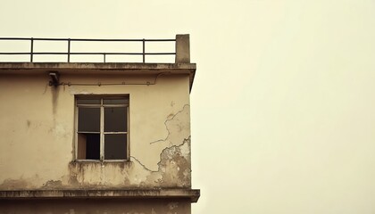 Sepia-toned illustration of decaying, abandoned structure. Crumbling concrete walls, weathered window frame, rusted railing suggest neglect and. Image evokes feelings of forgotten history, industrial