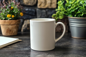 A white coffee mug is surrounded by plants on a dark, textured surface.