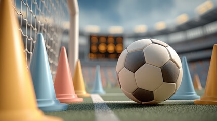 Soccer Ball and Training Cones on Pitch
