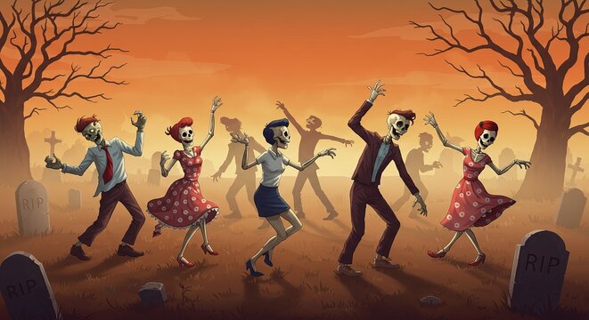 A humorous cartoon illustration of happy skeletons and zombies dancing in a graveyard at sunset.